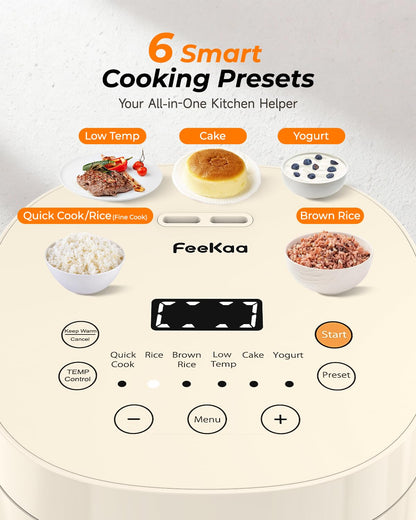 Feekaa Rice Cooker Small, 3-Cup Uncooked / 6-Cup Cooked, Compact Mini Rice Cooker Small Kitchen with Ceramic Coated Inner Pot, Rice Maker with 6 Menu Options, Low Temperature Cooking, 12H Delay Timer