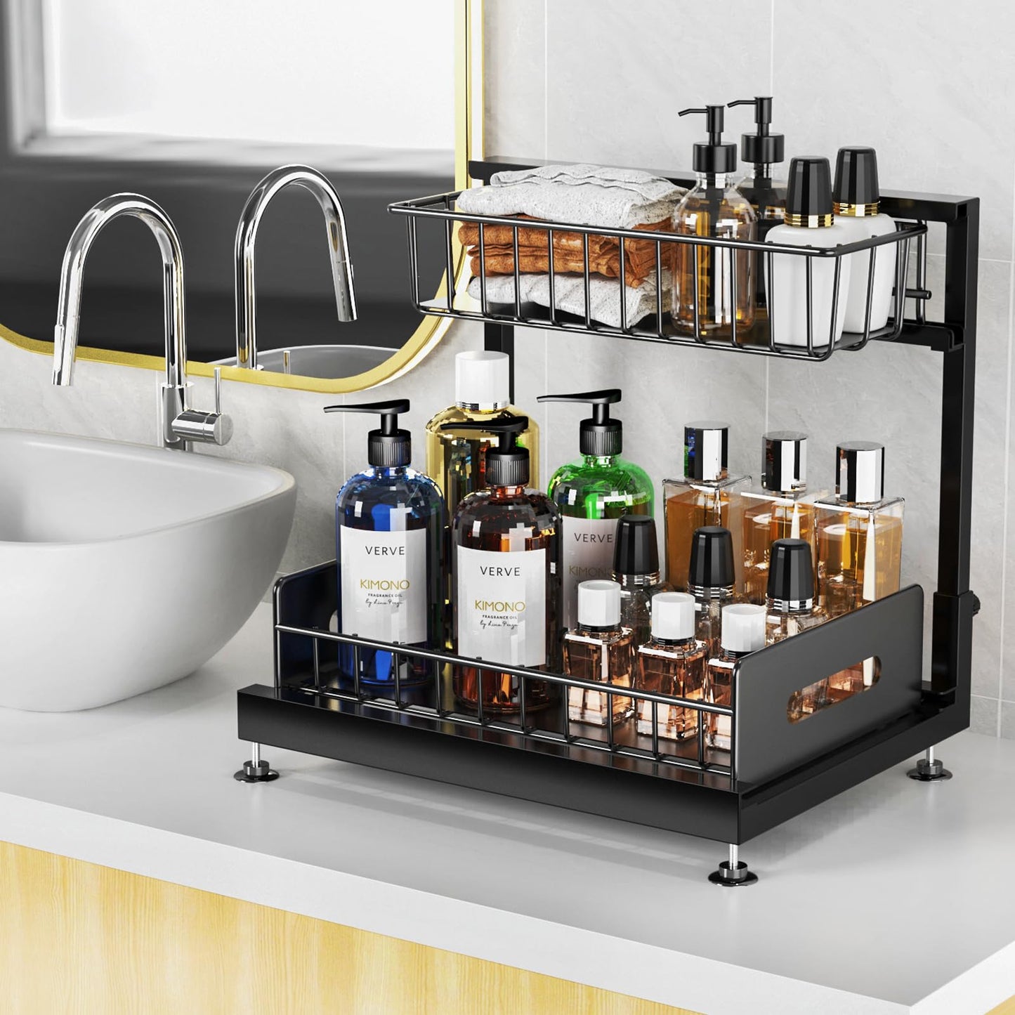 2 Pack Under Sink Organizers and Storage,Pull Out Cabinet Organizer,2-Tier Sliding Out Kitchen Basket Sink Shelf Cabinet Organizers Adjustable L Shape Counter Organizers for Bathroom Kitchen (Black)