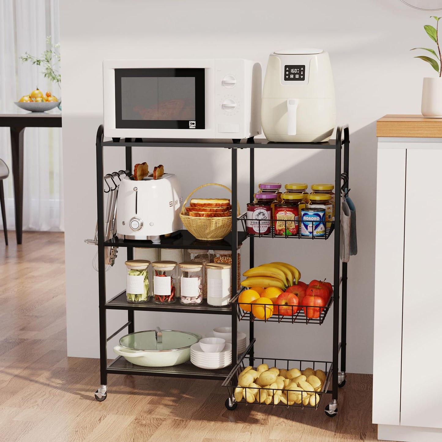 HapiRm Rolling Kitchen Microwave Cart - 4 Tier Microwave Table Stand with Pull-Out Baskets, Coffee Bar Baker's Rack with Wheels Rolling Storage Cart Organizer Shelf for Living Room Office, Balcony
