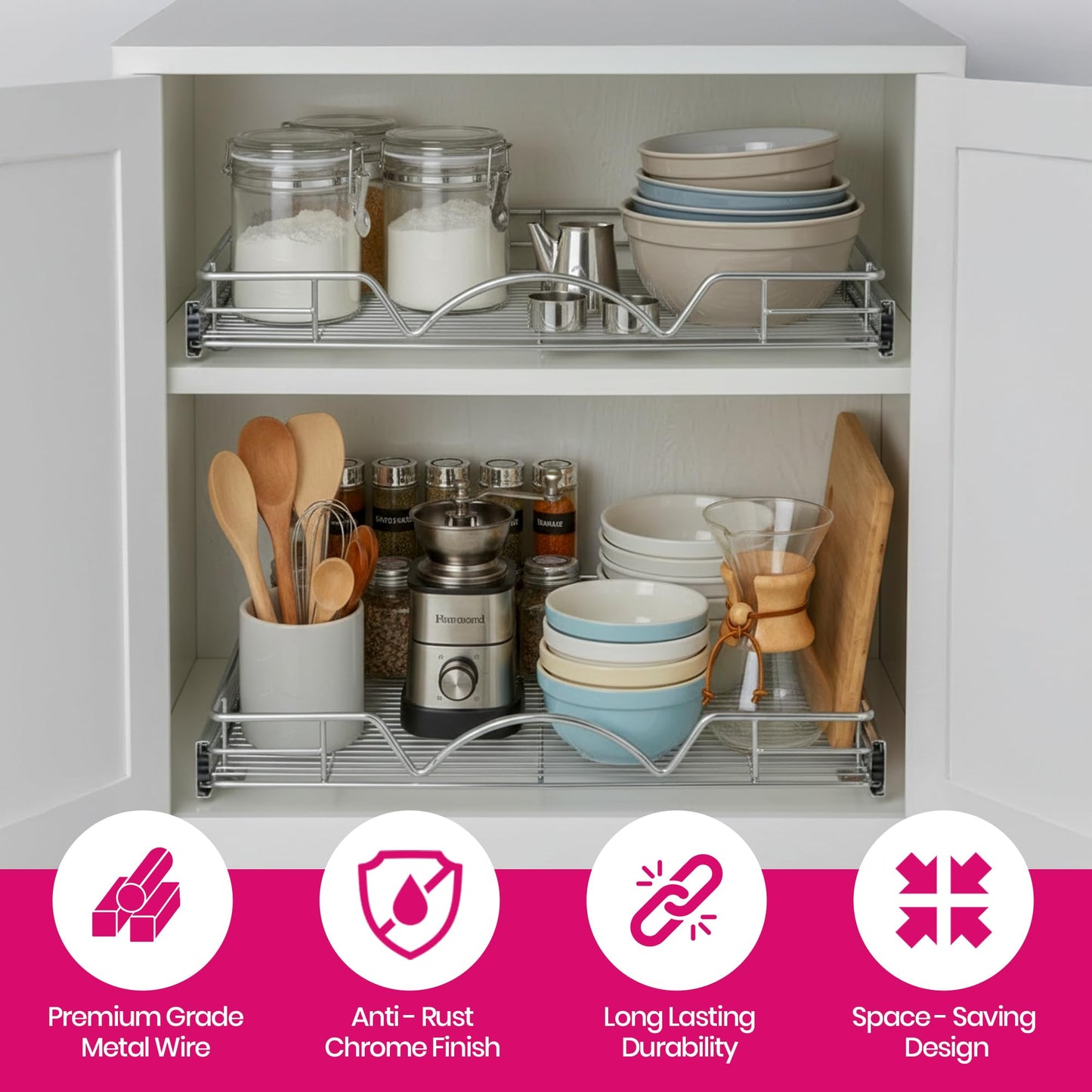 HOLDN’ STORAGE Pull Out Cabinet Organizer, Heavy Duty Caddy w/Lifetime Limited Warranty -11”W x 21”D - Requires At Least 12-1/4” Cabinet Opening, Steel Metal Cabinet Drawers Slide Out, Chrome