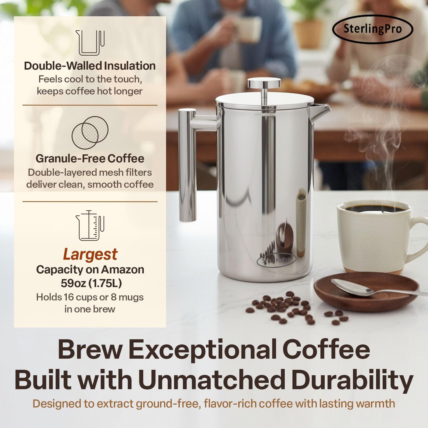SterlingPro Stainless Steel French Press Coffee Maker 1.75 L (59 oz) Mirror – Double Walled Insulated Extra Large French Press, Durable Design Keeps Drinks Hot, Easy to Use and Clean for Rich Flavor