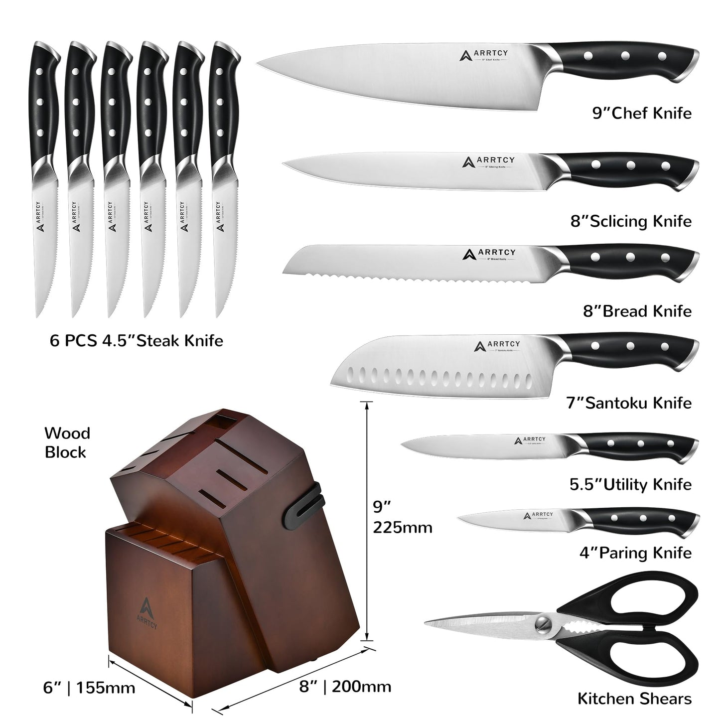Arrtcy Knife Set with Block, Kitchen Knife Set 15-Piece with Sharpener - High Carbon Stainless Steel Dishwasher Safe Knives with Ergonomic Handles for Chef & Home