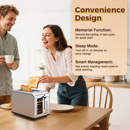 2 Slice Easy Touch Screen Toaster, Stainless Steel Toaster with Wide Slots, Even Toasting for Bagels & Bread, Reheat & Defrost, Removable Crumb Tray, Silver