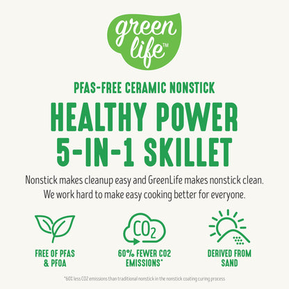 GreenLife12" 5QT Square Electric Skillet, Glass Vented Lid, Ceramic PFAS-Free Nonstick Coated Interior, Adjustable Temperature Control, Cool Touch Handles, Quick Even Heating, Scratch Resistant, Pink