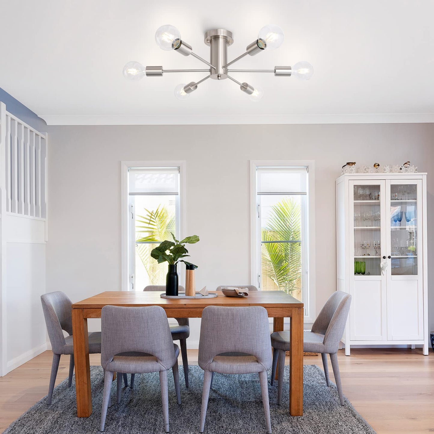 KOSTOMO Kitchen Light Fixtures 6 Lights Ceiling Lights Fixture Nickel Modern Semi Flush Mount Lighting Sputnik Chandelier for Bedroom Dining Room Hallway