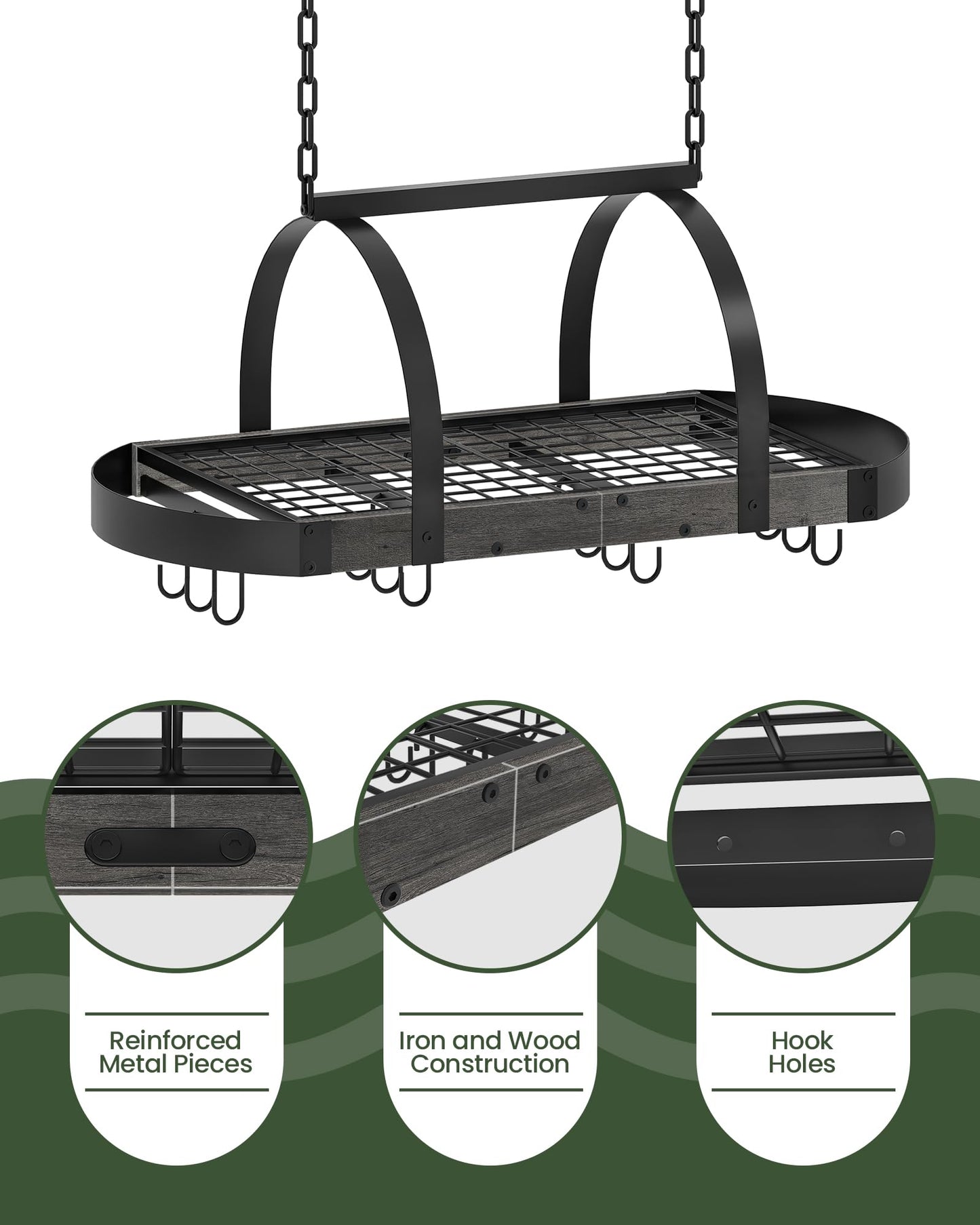 CHOEZON Hanging Pot Rack, Pot Hanger for Kitchen, Ceiling Mounted Pot Holder, Cookware Organizer with 12 S-Shaped Hooks, for Pot, Pan Storage, Space-Saving, Charcoal Black and Black TPR08BCC1