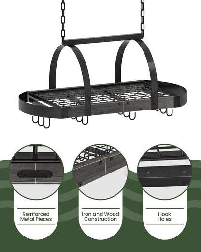 CHOEZON Hanging Pot Rack, Pot Hanger for Kitchen, Ceiling Mounted Pot Holder, Cookware Organizer with 12 S-Shaped Hooks, for Pot, Pan Storage, Space-Saving, Charcoal Black and Black TPR08BCC1