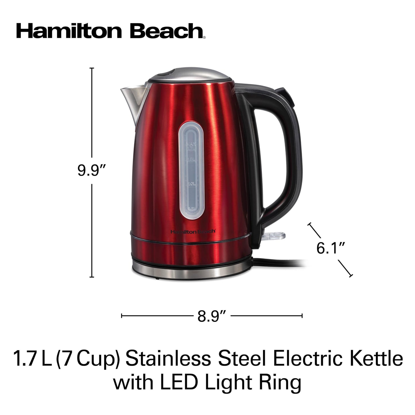 Hamilton Beach Electric Tea Kettle, Water Boiler & Heater, 1.7 Liter, Cordless Serving, 1500 Watts for Fast Boiling, Auto-Shutoff and Boil-Dry Protection, Red with LED Light Ring (41060)
