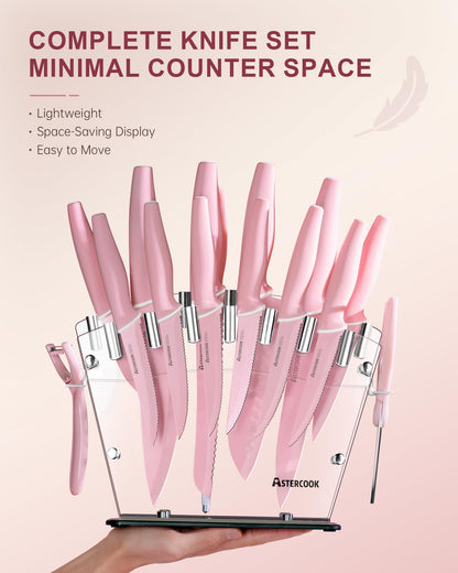 Astercook Knife Set with Block and Sharpener, 22 Piece Kitchen Knife Set Dishwasher Safe, Space-Saving Clear Knife Block with Knives for Everyday Home Cooking Mothers Day Gifts Pink