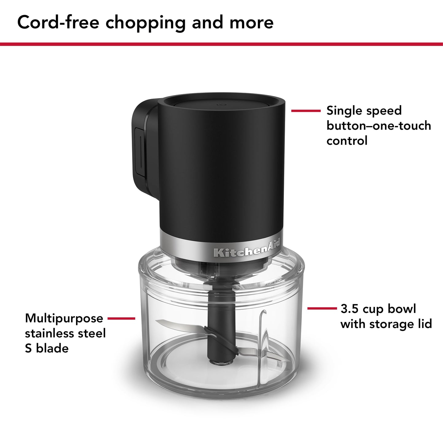 KitchenAid Go Cordless Top Down Chopper - battery included, KTCR351, Black Matte