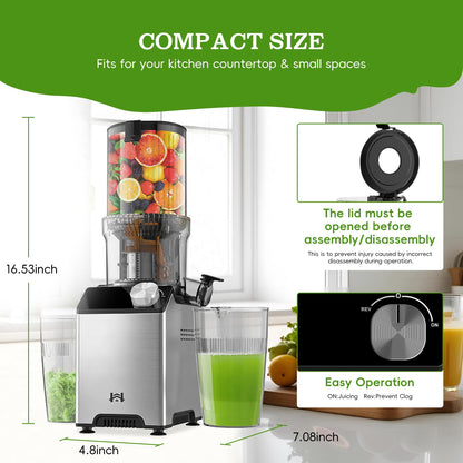 WHUTO Cold Press Juicer, Wide Feed Chute Juicer Machines, Stainless Steel Slow Masticating Juicers Easy to Clean, Vegetables & Fruits Juice Extractor, High Juice Yield, Platinum Color Knob
