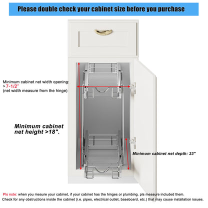 DINDON Pull Out Cabinet Organizer (7-1/2" W x 21-1/2"D), Cabinet Pull Out Shelves, 2 Tier Pull Out Drawers for Kitchen Cabinets, Wire Basket Slide Out Shelf for Cabinet Organization