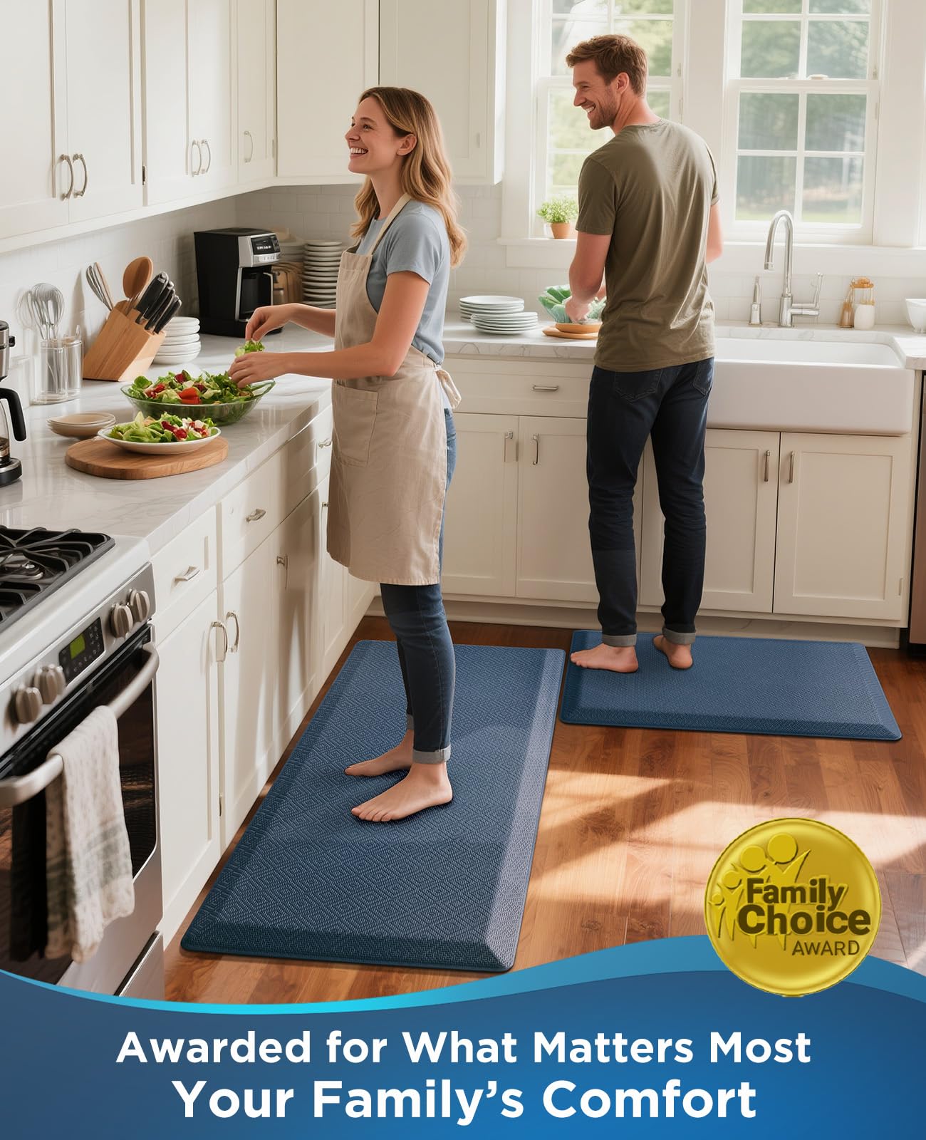 Ophanie Kitchen Mats for Floor, 3/4 inch Thick, 17x28 Anti Fatigue Cushioned Mat, Kitchen Rugs, Waterproof, Comfort Ergonomic Standing Mat for Office, Home, Sink, Blue Non-Slip Ridged Bottom