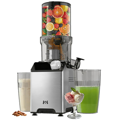 WHUTO Cold Press Juicer, Wide Feed Chute Juicer Machines, Stainless Steel Slow Masticating Juicers Easy to Clean, Vegetables & Fruits Juice Extractor, High Juice Yield, Platinum Color Knob