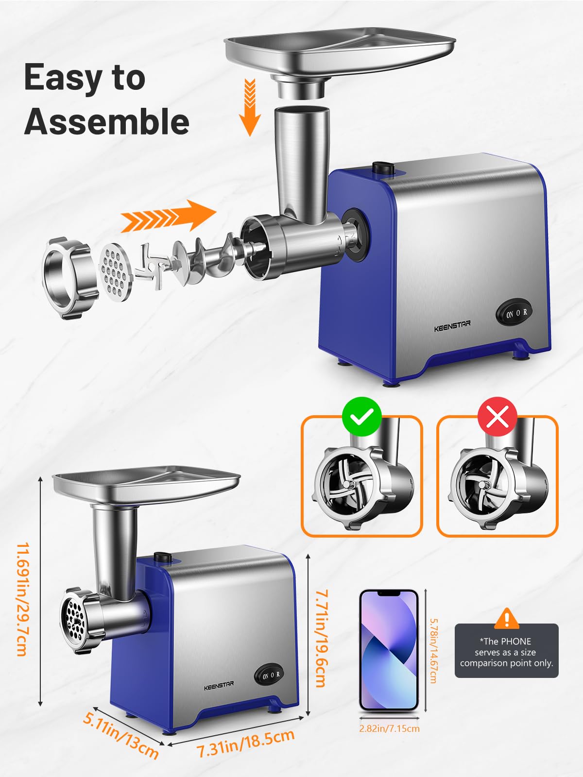 KEENSTAR Electric Meat Grinder, Sausage Stuffer Maker 450W Food Grinder with Blade & 3 Plates, Sausage Stuffer Tubes & Kubbe Kit, Stainless Steel Meat Mincer Machine for Home Kitchen Use (Blue)