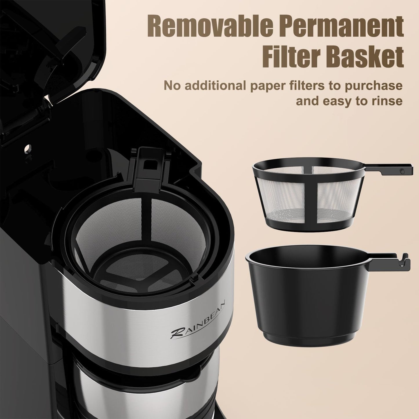 RAINBEAN Single Serve Coffee Maker, Programable Single-Serve Brewers, Timer Auto Start/Off, 14 Oz Single Cup Coffee Machine For Ground Coffee, 700W Quick Brewing, Perfect Gifts for Coffee Lovers