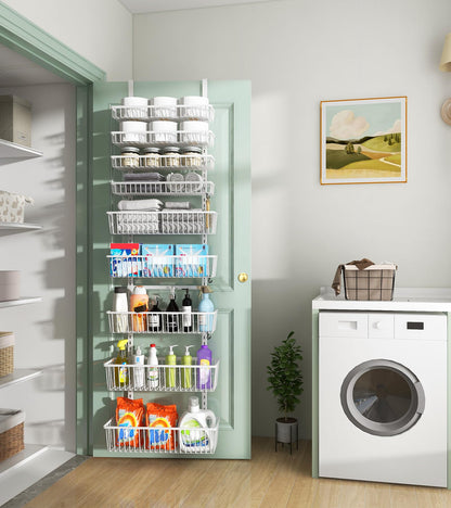 Mefirt White 9-Tier Over The Door Pantry Organizer, Pantry Organization and Storage, Deep Baskets Hanging Heavy-Duty Metal, Wall Spice Rack Seasoning Shelves for Home & Kitchen, Laundry Room Bathroom