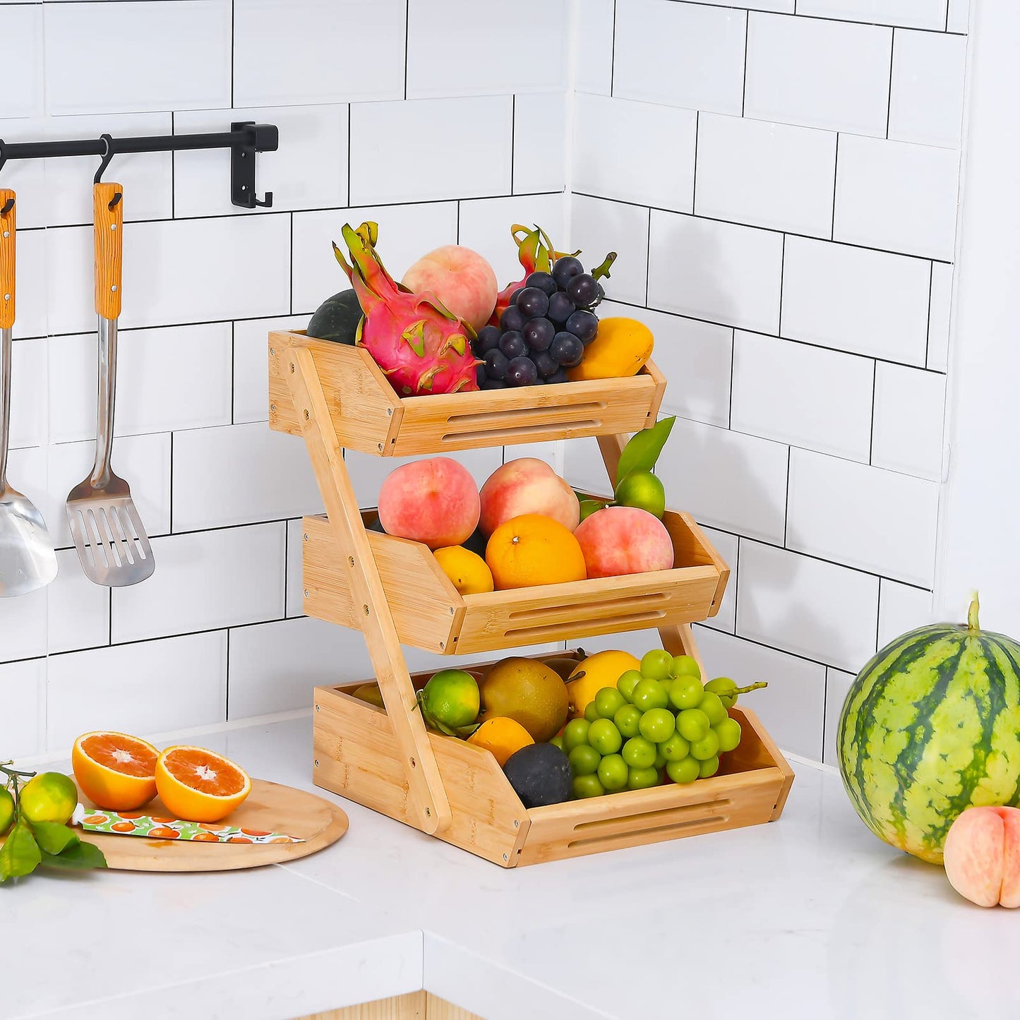 VIKEYHOME Fruit Basket, 3 Tier Bamboo Fruit Bowl for Kitchen, Stand Storage Holder, Heavy Duty/Large Capacity for Fruit, Vegetables Countertop Organizer
