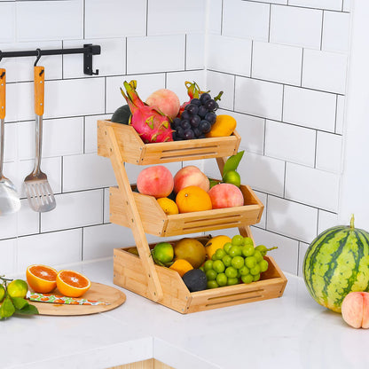VIKEYHOME Fruit Basket, 3 Tier Bamboo Fruit Bowl for Kitchen, Stand Storage Holder, Heavy Duty/Large Capacity for Fruit, Vegetables Countertop Organizer
