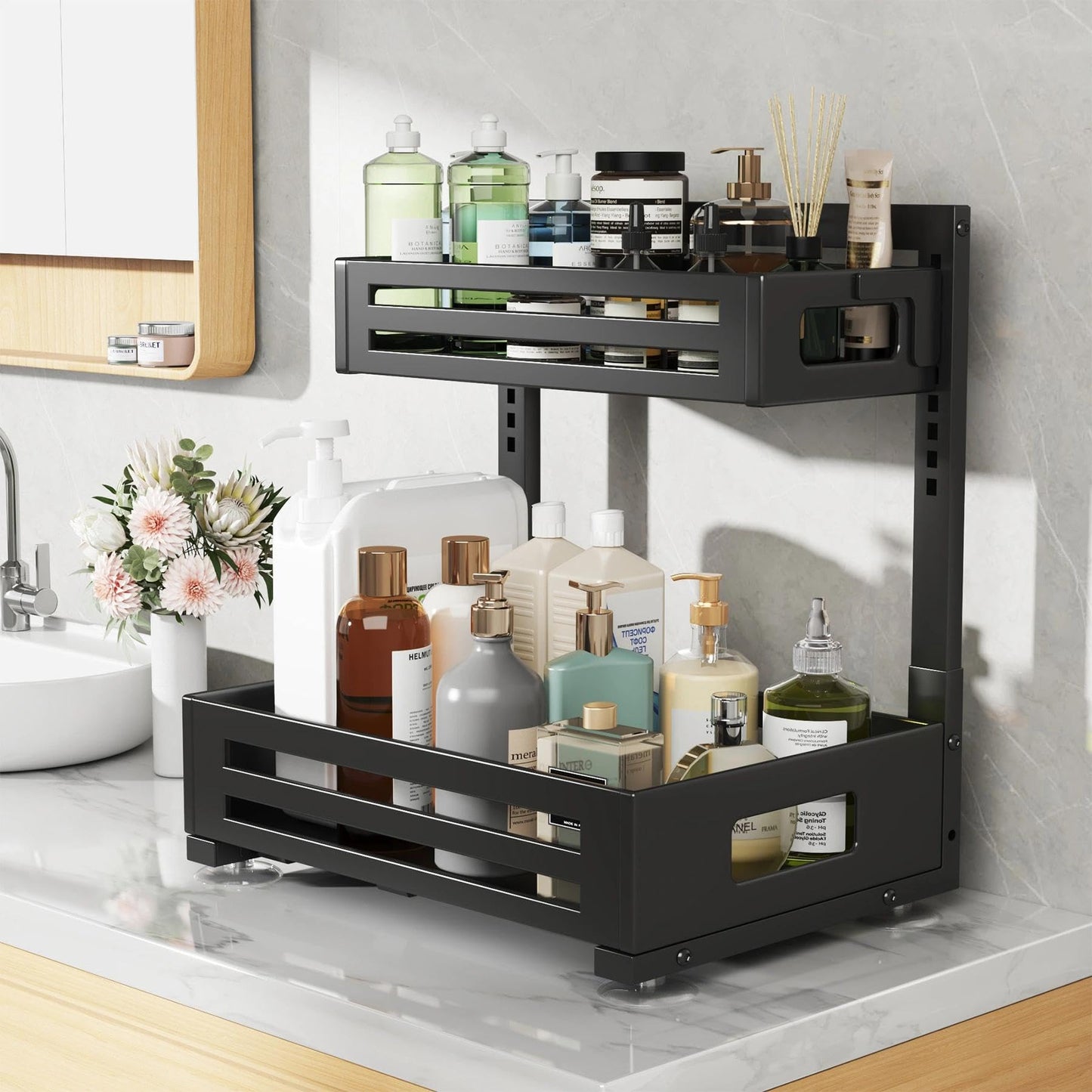 Biboraya 2 Pack Under Sink Organizer,Pull Out Cabinet Organizer with Smooth Cylindrical Rail,Metal Slide Out Drawer for Kitchen Bathroom Laundry Cabinet,8-Level Tool Free Height Adjustable-Black