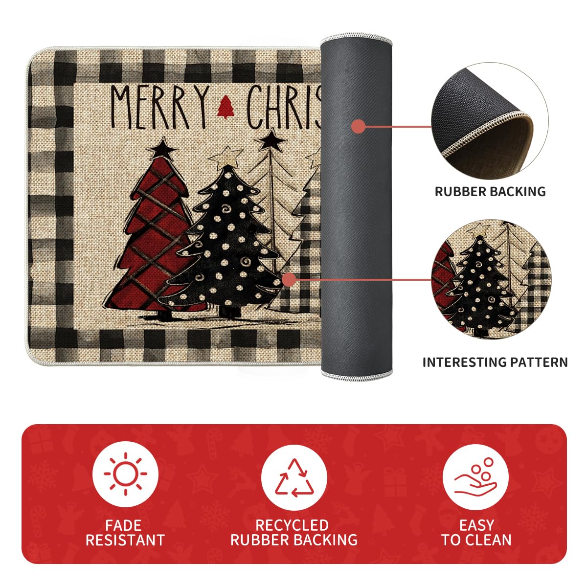 Artoid Mode Buffalo Plaid Xmas Tree Merry Christmas Kitchen Mats Set of 2, Winter Home Decor Low-Profile Kitchen Rugs for Floor - 24x35 and 24x59 Inch