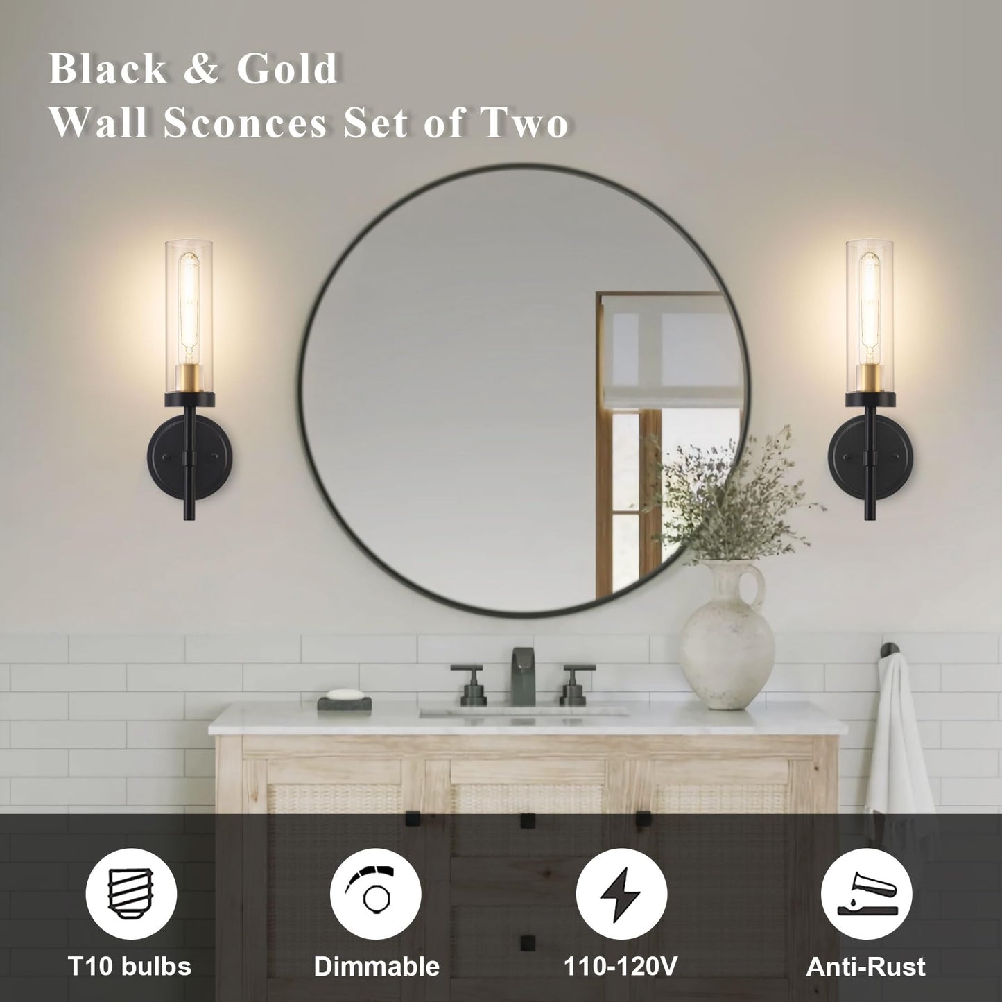 Hardwired Wall Sconces Set of Two, Black and Gold Bathroom Vanity Sconces Wall Lighting with Clear Glass Shade, Modern Farmhouse Wall Mount Lights for Mirror Bedroom Living Room Hallway Kitchen