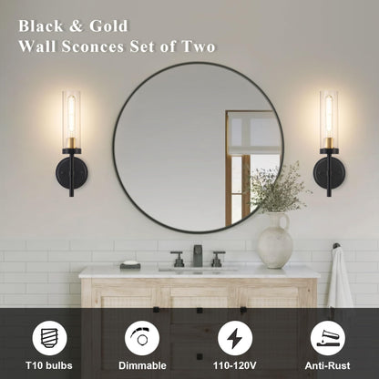 Hardwired Wall Sconces Set of Two, Black and Gold Bathroom Vanity Sconces Wall Lighting with Clear Glass Shade, Modern Farmhouse Wall Mount Lights for Mirror Bedroom Living Room Hallway Kitchen