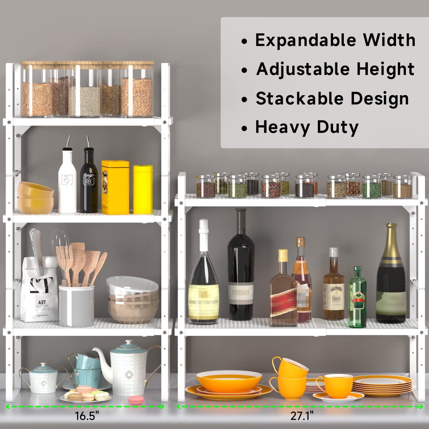 SOFRON Expandable Cabinet Storage Shelf Stackable Organizer Rack for Kitchen Bathroom Pantry Spice Cupboard Coffee Countertop Home Office Desk Heavy Duty Nonslip White Small 2 Packs