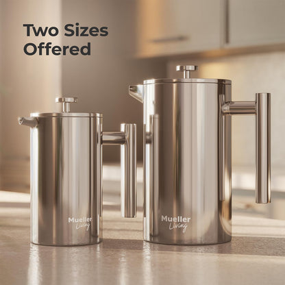 MuellerLiving French Press Coffee Maker 34oz, Stainless Steel French Press Coffee, 4 Filter Heat Resistant Double Insulated, Rust-Free, Food Grade, Dishwasher Safe Coffee Pot