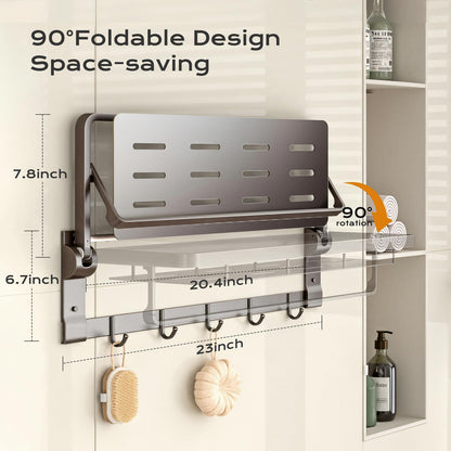 Rust-Proof Floating Shelves Organizer with Foldable Towel Bar 5 Towel Hooks Wall Mounted Organizer 23-Inch Towel Racks for Bathroom Lavatory Kitchen Rv Home Decor, Grey