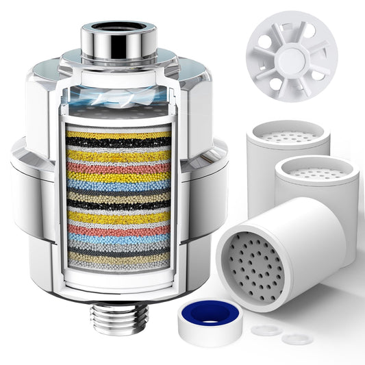20-Stage Shower Head Filter, High-Output, Removes Chlorine & Fluoride, Includes 3 Replaceable Cartridges, Chrome