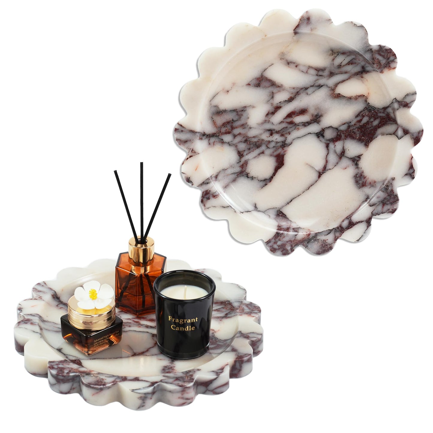 LWALMS Scalloped Round Marble Tray - 9.9 Inch Violet Stone Decorative Perfume Trinket Jewelry Dish, Catchall Organizer for Bathroom Vanity Dresser Kitchen Countertop Home Decor