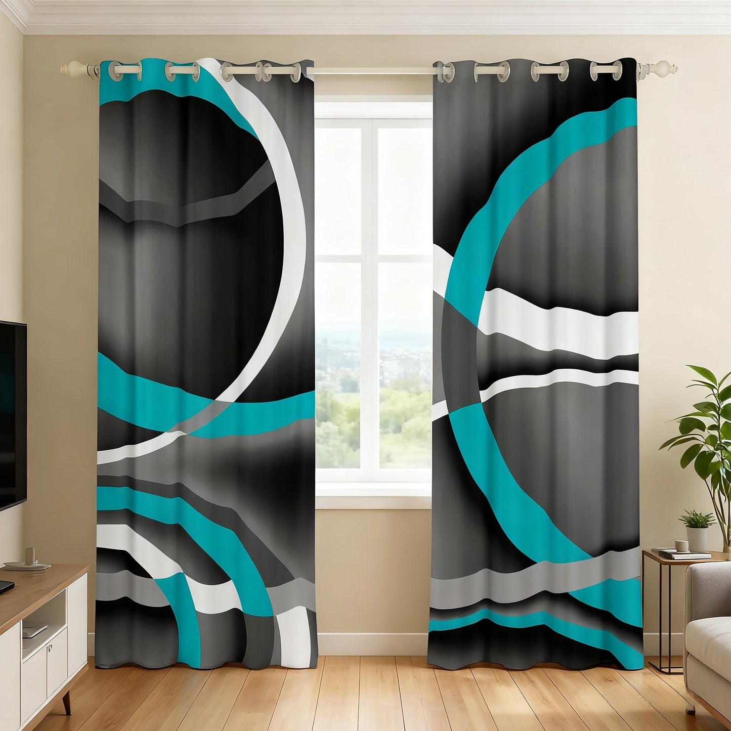 Castle Fairy Gray Black Blue Swirls Window Drapes,Retro Circle Geometric Kitchen Blackout Window Treatments 52Wx84L,Modern Abstract Art Livingroom Bedroom Decor Curtains