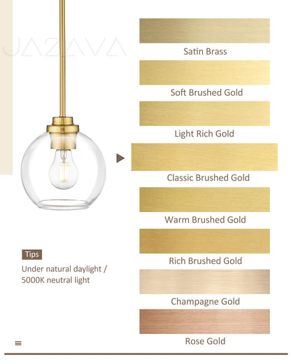 JAZAVA 8 inch Modern Gold Pendant Light Fixtures, Mid Century Globe Pendant Lights with Clear Glass, 1 Light Hanging Lights for Kitchen Island, Bathroom, Dining Room (1 Pack), PL101BG-L