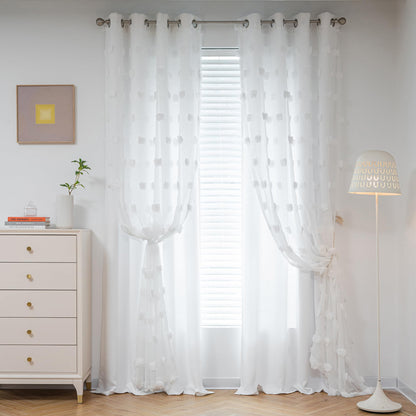 MYSKY HOME White Curtains for Bedroom 63 Inch Long Double Layer Curtains for Kids Room Kithen White Pom Pom Sheer Nursery Curtains Grommet Room Darkening Window Curtains 2 Panels Set, 52 x 63 Inch