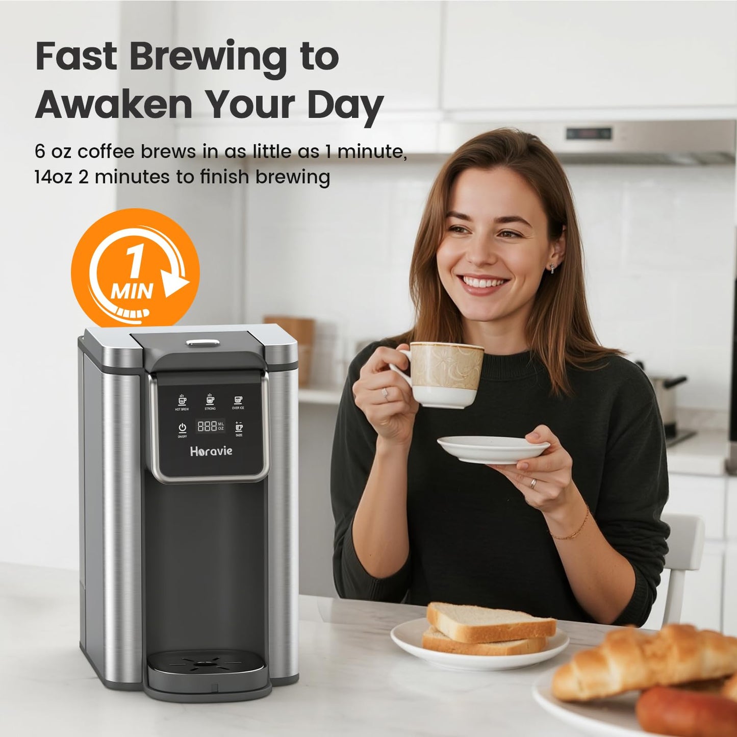 Horavie Single Serve Coffee Maker for K-Cup Pod and Grounds, Hot and Iced Coffee Maker, Strong Button Feature, 6 to 14oz Brew Sizes, 50oz Removable Tank, Up to 6.5 Inch Cup, Stainless Steel, Grey
