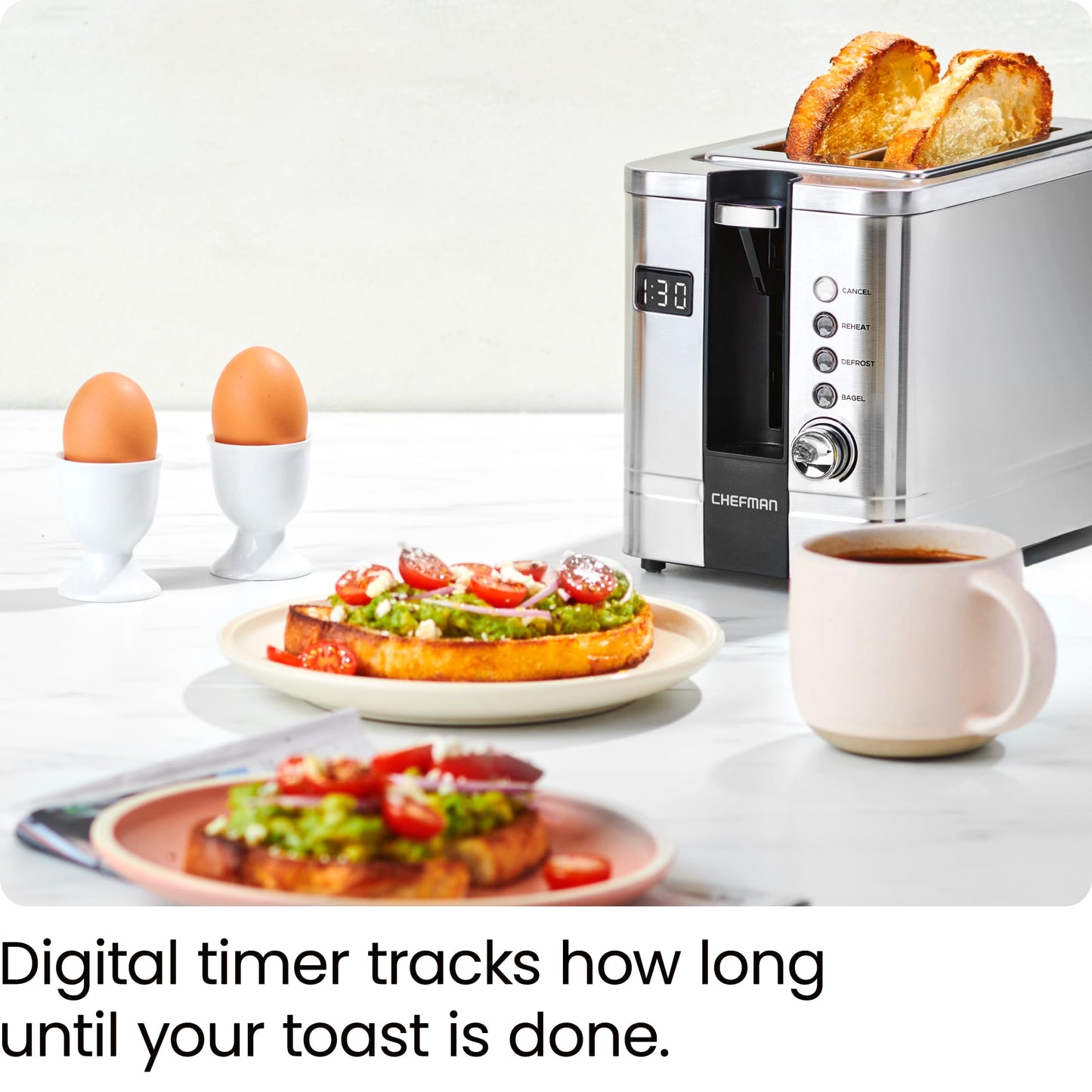 Chefman 2-Slice Digital Toaster, Extra-Wide Slots, Bagel, Defrost & Reheat Functions, Stainless Steel