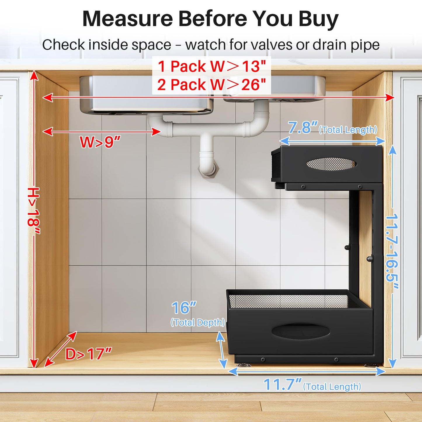 Under Sink Organizer, 2 Pack 2 Tier Pull Out Under Cabinet Organizer Shelf with Pad for Framed Cabinets, Metal Slide Out Under Sink Storage, Mesh Sliding Drawers for Kitchen Bathroom Laundry, Black