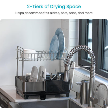 Home Zone Living Large 2-Tier Stainless Steel Dish Drying Rack with Drain Pipe and Utensil Holders