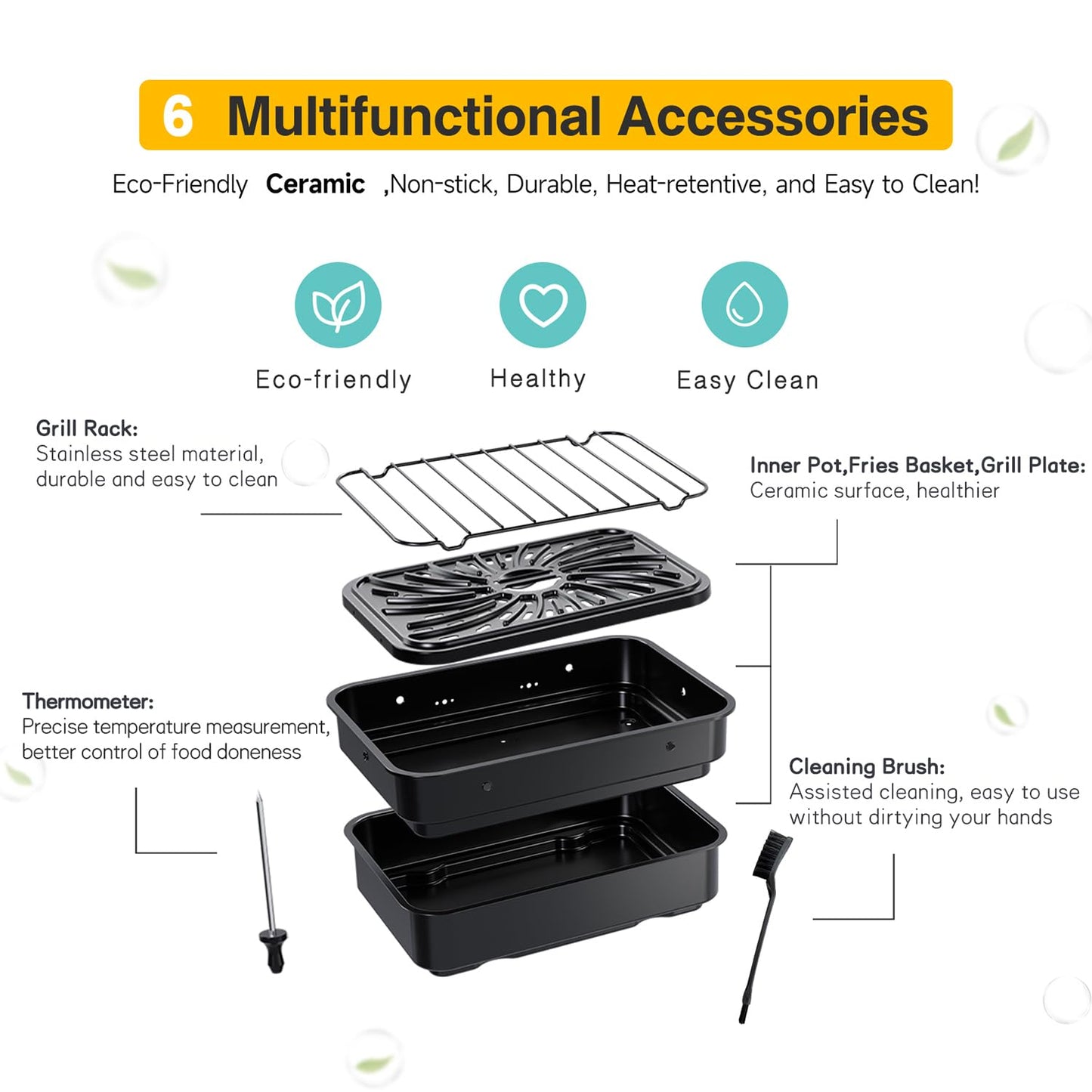 Candy Indoor Grill & Air Fryer with Ceramic Accessories, 500°F Max, 7-IN-1 Digital Display, 5.2 QT Electric Low Smoke with View Window, Smart Thermometer, Crisp, Roast & Dehydrate, Easy Clean, 1500W