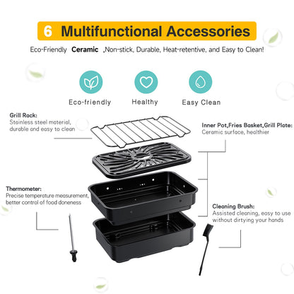 Candy Indoor Grill & Air Fryer with Ceramic Accessories, 500°F Max, 7-IN-1 Digital Display, 5.2 QT Electric Low Smoke with View Window, Smart Thermometer, Crisp, Roast & Dehydrate, Easy Clean, 1500W
