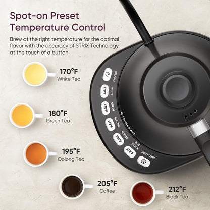 COSORI 0.8L Electric Gooseneck Kettle, 5 Temp Presets, 1200W Quick Heat, Stainless Steel, Matte Black