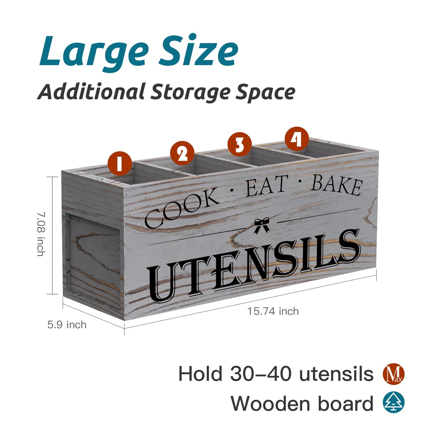 Suli Extra Large Kitchen Utensils Holder with 4 Compartments, Wooden Utensil Organizer for Kitchen Countertop, Farmhouse Decor, Rustic Cooking Utensil - Grey grain