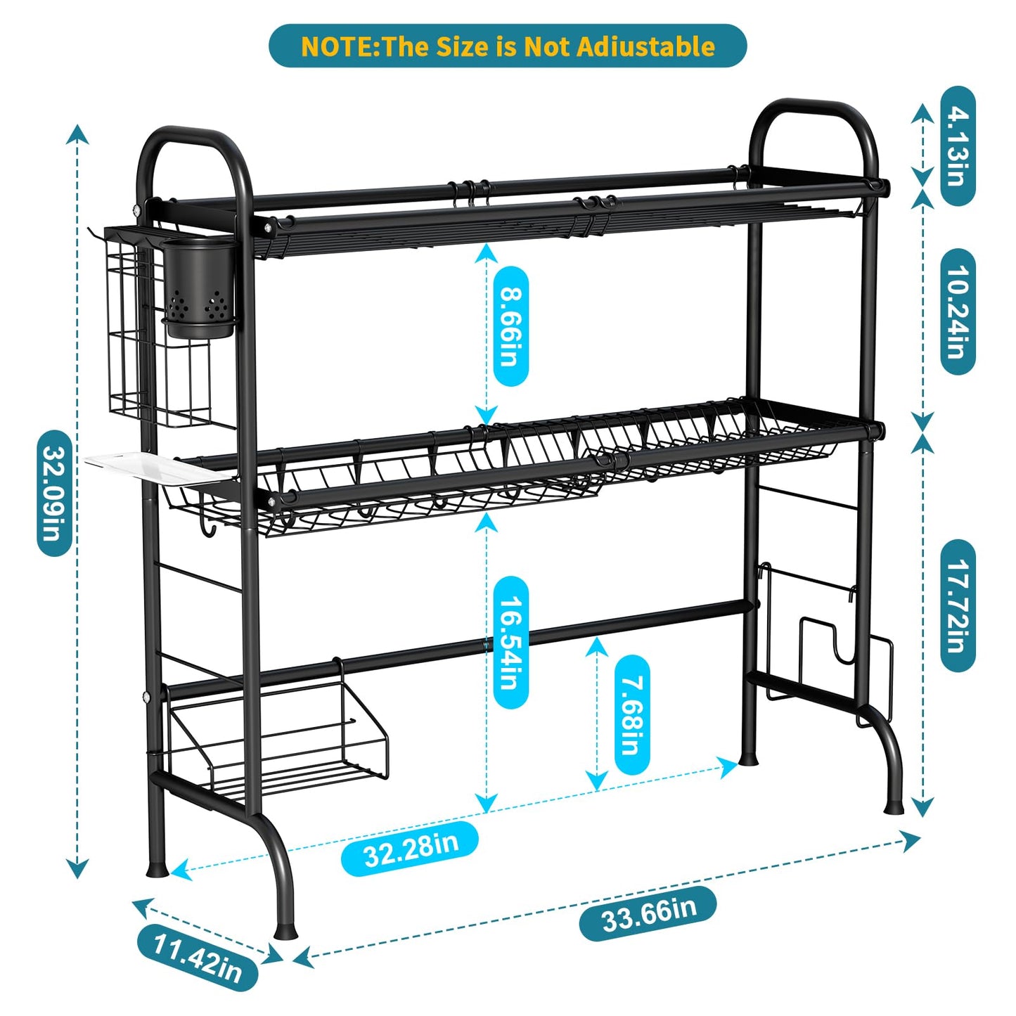 HOWDIA 3-Tier Over The Sink Dish Drying Rack,Stainless Steel Dish Rack with Cutlery Holder & Chopping Board Rack, 33.9” x 11.4” x 32.3” for Maximum Kitchen Storage（Black）