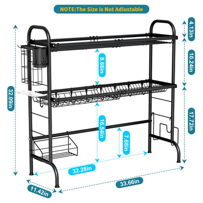 HOWDIA 3-Tier Over The Sink Dish Drying Rack,Stainless Steel Dish Rack with Cutlery Holder & Chopping Board Rack, 33.9” x 11.4” x 32.3” for Maximum Kitchen Storage（Black）