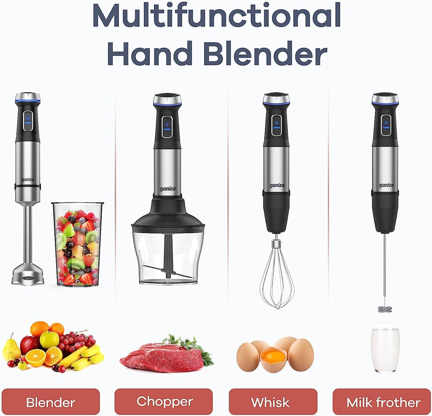 Ganiza 5-in-1 Immersion Blender, 800W Hand Blender with 15 Speeds & Turbo, Whisk, Chopper, Frother & Beaker