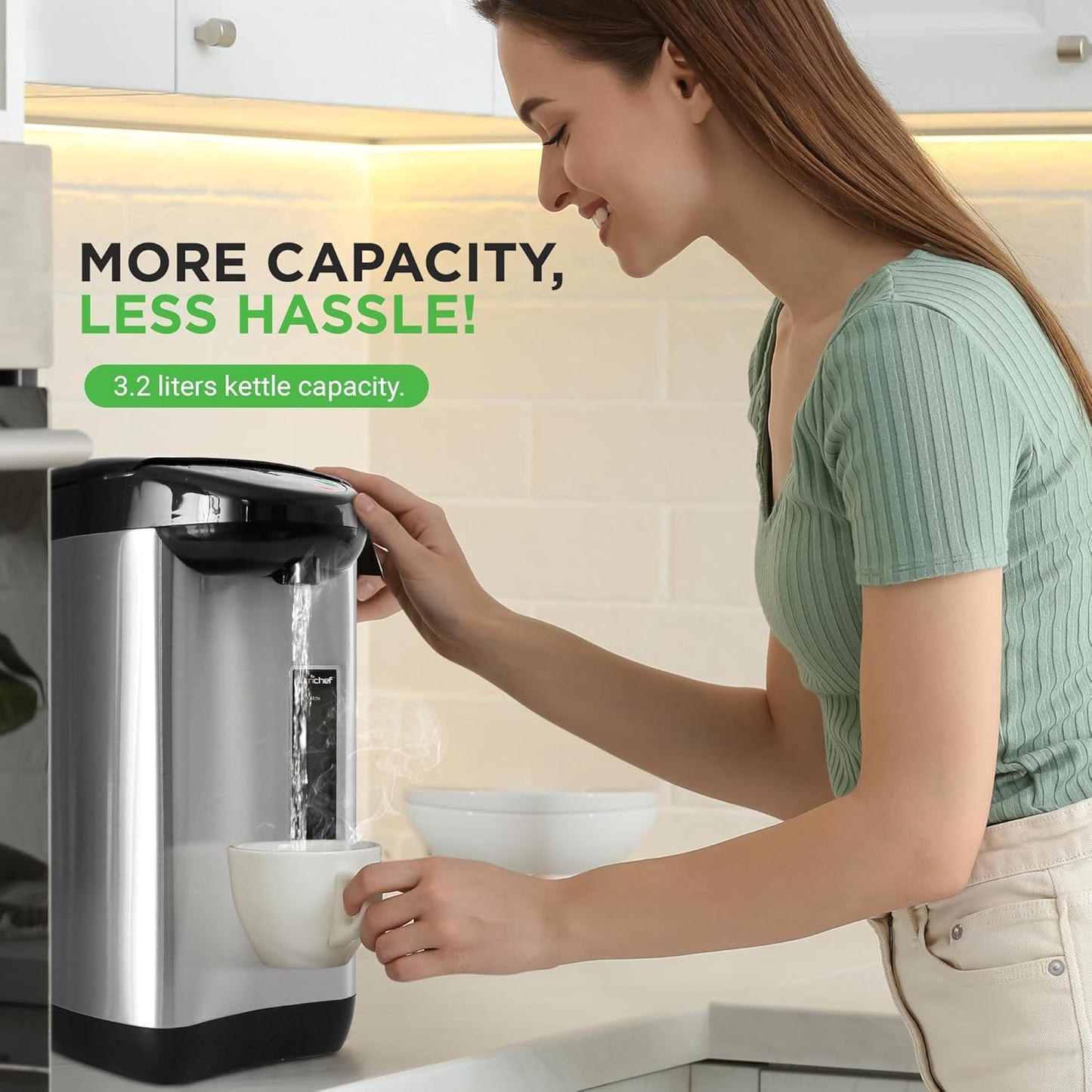 NutriChef Hot Water Urn Pot 3.38 QT, Insulated Stainless Steel Hot Water Dispenser & Boiler, Auto & Manual Dispense, Safety Lock, Electric Kettle