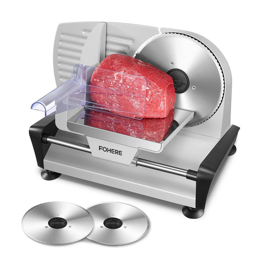 FOHERE 200W Meat Slicer Machine for Home, Electric Food Slicer with Two 7.5" Sharp Stainless Steel Blade(Serrated + Smooth) 0-15mm Precise Thickness Deli Meat Slicer for Bread Fruit Vegetable(Silver)