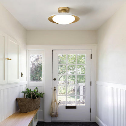 Dimmable Modern Mid-Century Ceiling Light, White and Gold LED Semi Flush Mount Ceiling Light, 5CCT 2700K-6000K Lighting Fixture Ceiling Lamp with Glass Shade for Bedroom Hallway Kitchen, 12.6in