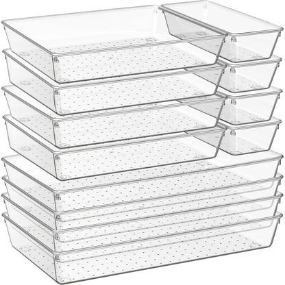Criusia 12 Pack Large Clear Plastic Drawer Organizer Trays | MULTI-USE Acrylic Drawer Storage for Kitchen, Bathroom, Makeup, Office, School, Undies | College Dorm Room, Home Apartment Essentials
